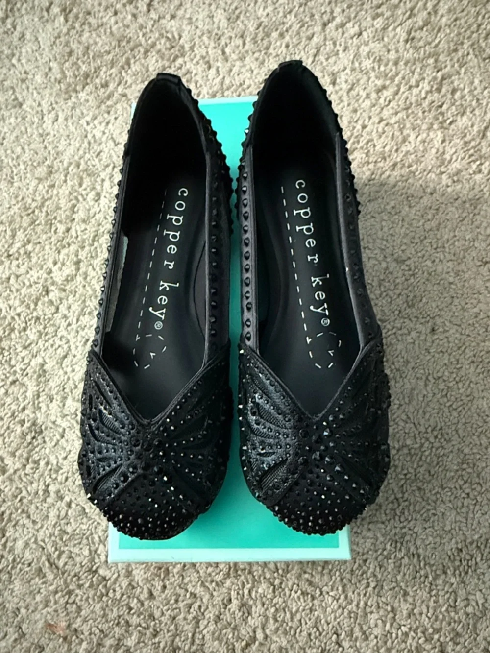 Copper Key Black Beaded Slip-On Flats